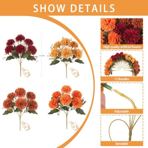 Artificial Mums Flowers for Outdoors Outside Decorations,12Pcs Fake Mums, alternate view 2