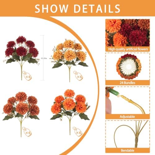 Artificial Mums Flowers for Outdoors Outside Decorations,24Pcs Fake Mums, alternate view 2