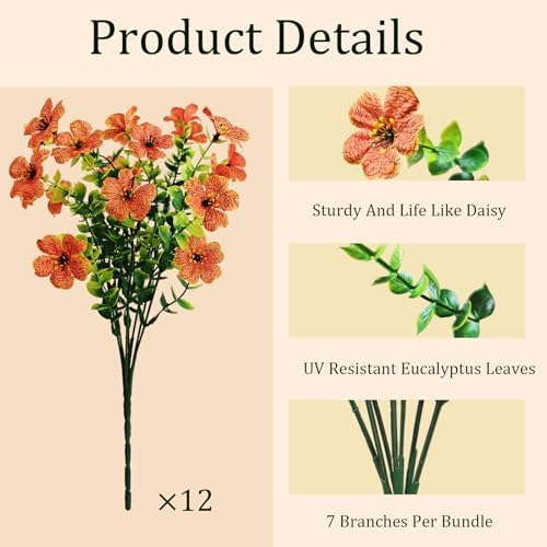 Artificial Mums for Outdoor Fall Decor Fall Flowers, 12 Bundles Fake Mums Artificial Flowers Fall Decorations, alternate view