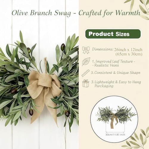 Artificial Olive Swag 26", Olive Branch Swag with Burlap Bow (Green 1Pcs), alternate view 6