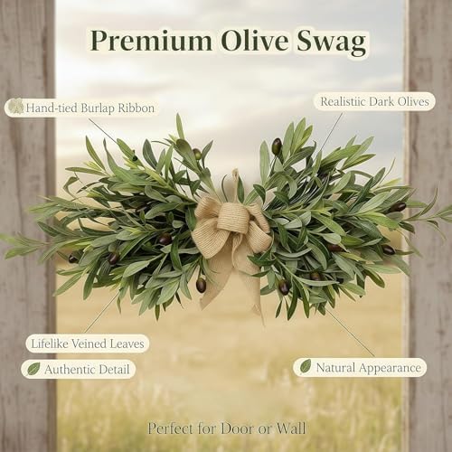 Artificial Olive Swag 26", Olive Branch Swag with Burlap Bow (Green 1Pcs), alternate view 7