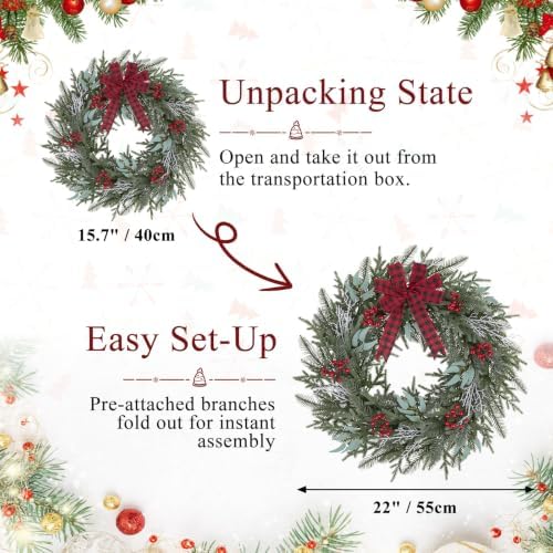 Artificial Outdoor Christmas Wreath with Bow for Front Door 22", alternate view 5