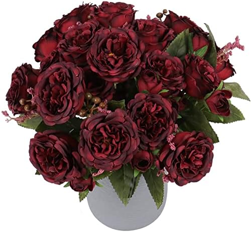 Artificial Peonies Silk Flowers, Burgundy Faux Peony Bouquet 4 Bundles Florals Arrangements for Farmhouse Home