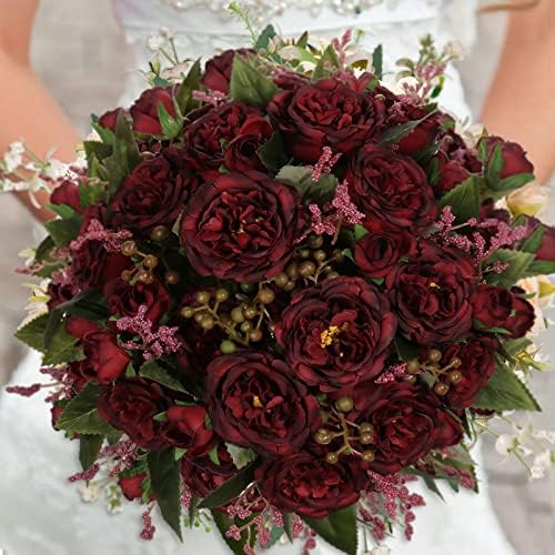 Artificial Peonies Silk Flowers, Burgundy Faux Peony Bouquet 4 Bundles Florals Arrangements for Farmhouse Home, alternate