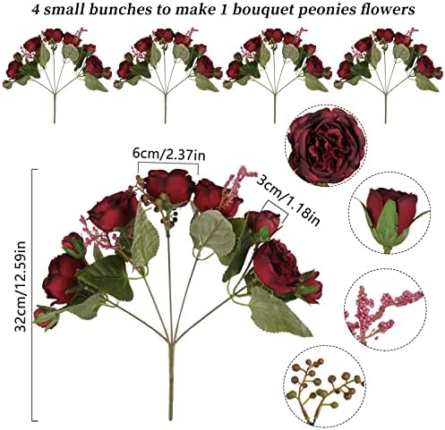 Artificial Peonies Silk Flowers, Burgundy Faux Peony Bouquet 4 Bundles Florals Arrangements for Farmhouse Home, alternate