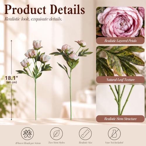 Artificial Peonies Silk Flowers Faux Peony for Vase 8pcs Pink, alternate view 3