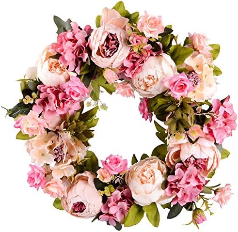 Artificial Peony Flower Wreath - 15" Pink Flower Door Wreath Spring with Green Leaves for Front Door, Wedding