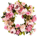 Artificial Peony Flower Wreath - 15" Pink Flower Door Wreath Spring with Green Leaves for Front Door, Wedding