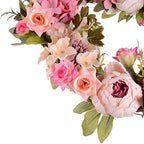 Artificial Peony Flower Wreath - 15" Pink Flower Door Wreath Spring with Green Leaves for Front Door, Wedding, alternate view