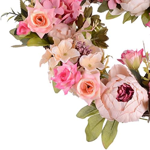 Artificial Peony Flower Wreath - 15" Pink Flower Door Wreath Spring with Green Leaves for Front Door, Wedding, alternate view