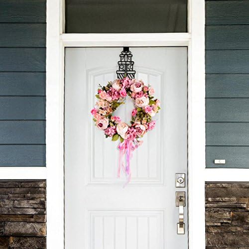 Artificial Peony Flower Wreath - 15" Pink Flower Door Wreath Spring with Green Leaves for Front Door, Wedding, alternate view