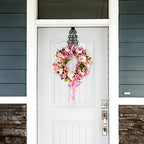 Artificial Peony Flower Wreath - 15" Pink Flower Door Wreath Spring with Green Leaves for Front Door, Wedding, alternate view