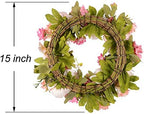 Artificial Peony Flower Wreath - 15" Pink Flower Door Wreath Spring with Green Leaves for Front Door, Wedding, alternate view