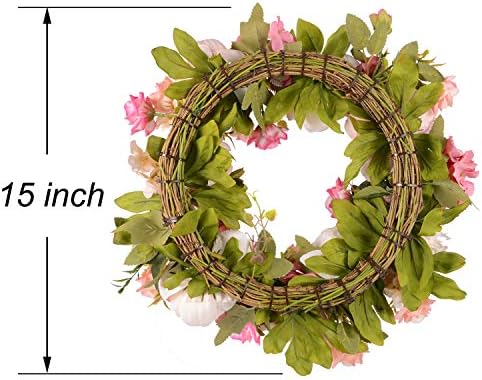 Artificial Peony Flower Wreath - 15" Pink Flower Door Wreath Spring with Green Leaves for Front Door, Wedding, alternate view