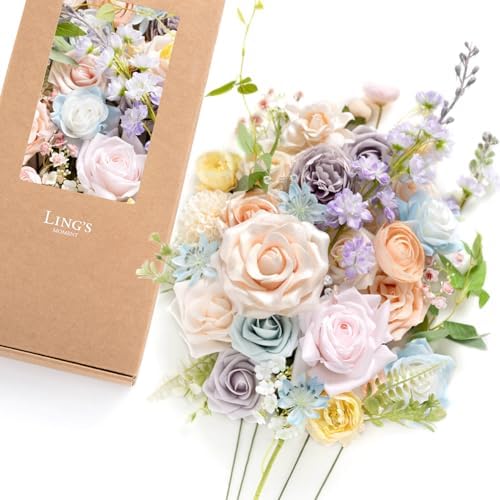 Artificial Pink Wedding Flowers Combo, Pastle, Deluxe in Pk-powder Blue & Peach
