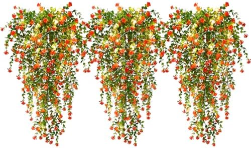 Artificial Plant, 3 Pack Hanging Plants with 30 LED Lights, 11.5in Eucalyptus, Orange Red, Indoor Outdoor