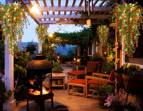 Artificial Plant, 3 Pack Hanging Plants with 30 LED Lights, 11.5in Eucalyptus, Orange Red, Indoor Outdoor, alternate view 2