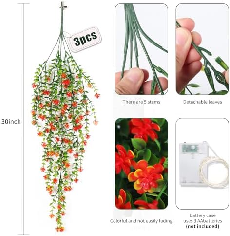 Artificial Plant, 3 Pack Hanging Plants with 30 LED Lights, 11.5in Eucalyptus, Orange Red, Indoor Outdoor, alternate view 3