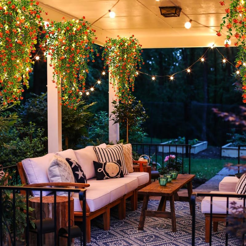 Artificial Plant, 3 Pack Hanging Plants with 30 LED Lights, 11.5in Eucalyptus, Orange Red, Indoor Outdoor, alternate view 4