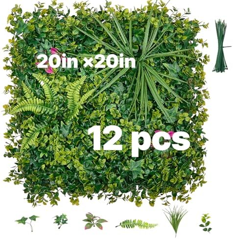 Artificial Plant Wall, 12PCS 20 x 20 in Artificial Boxwood Panels, Greenery Backdrop Privacy Hedge Fence with