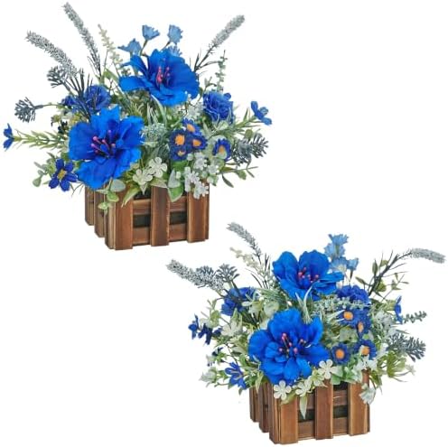 Artificial Plants in Wooden Baskets, Blue Flower Decor Set of 2 in Royal Blue, Dusty Blue & White