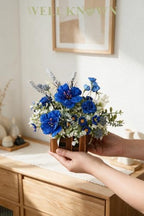 Artificial Plants in Wooden Baskets, Blue Flower Decor Set of 2 in Royal Blue, Dusty Blue & White, alternate view 3