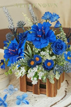 Artificial Plants in Wooden Baskets, Blue Flower Decor Set of 2 in Royal Blue, Dusty Blue & White, alternate view 4