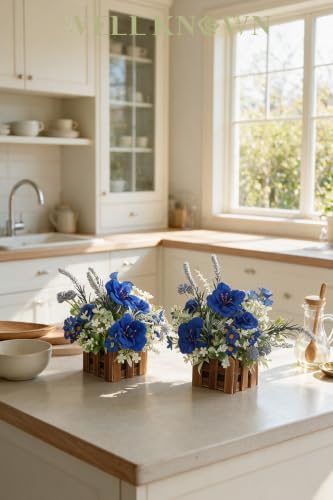 Artificial Plants in Wooden Baskets, Blue Flower Decor Set of 2 in Royal Blue, Dusty Blue & White, alternate view 6