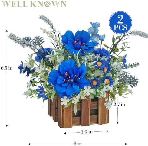 Artificial Plants in Wooden Baskets, Blue Flower Decor Set of 2 in Royal Blue, Dusty Blue & White, alternate view 7