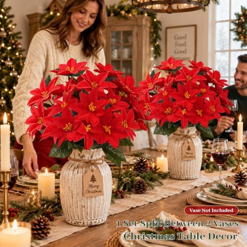 Artificial Poinsettias, 8 Pack, 15 Inch Christmas Flowers, Red in Red, alternate view 2