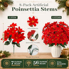 Artificial Poinsettias, 8 Pack, 15 Inch Christmas Flowers, Red in Red, alternate view 3