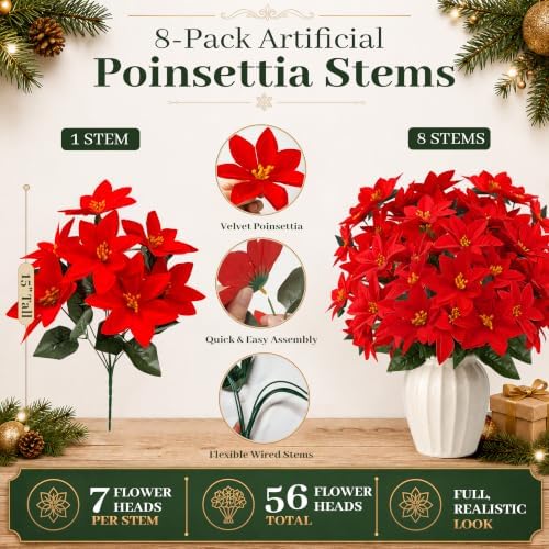 Artificial Poinsettias, 8 Pack, 15 Inch Christmas Flowers, Red in Red, alternate view 3