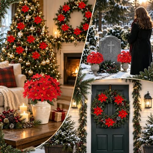 Artificial Poinsettias, 8 Pack, 15 Inch Christmas Flowers, Red in Red, alternate view 5