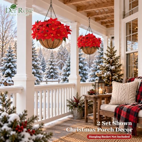 Artificial Poinsettias, 8 Pack, 15 Inch Christmas Flowers, Red in Red, alternate view 6
