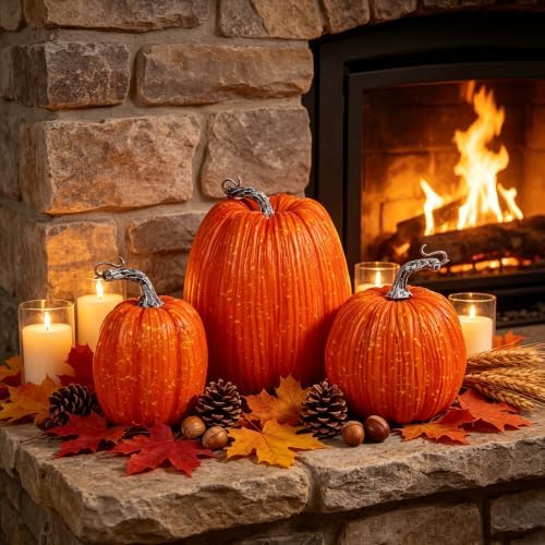 Artificial Pumpkins Fall Decor Orange Foam Pumpkin, 3 Pack, alternate view 6
