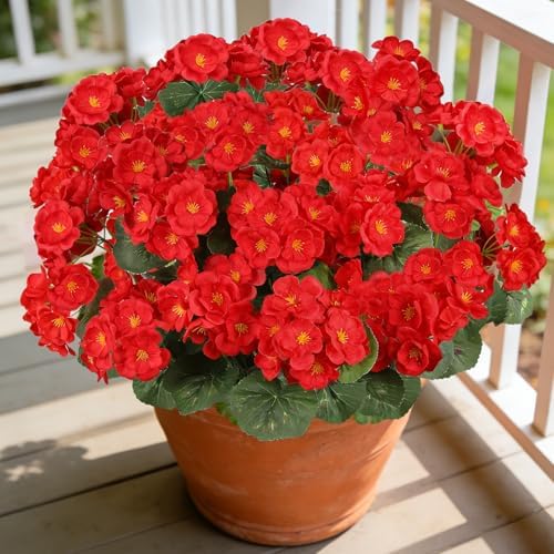 Artificial Red Flowers for Outdoors, 6PCS Fake Silk Geraniums