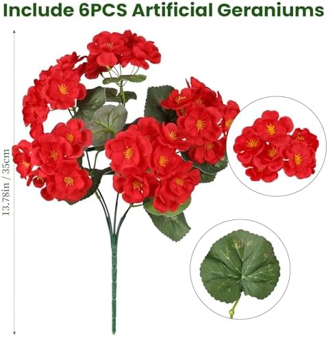 Artificial Red Flowers for Outdoors, 6PCS Fake Silk Geraniums, alternate view 2