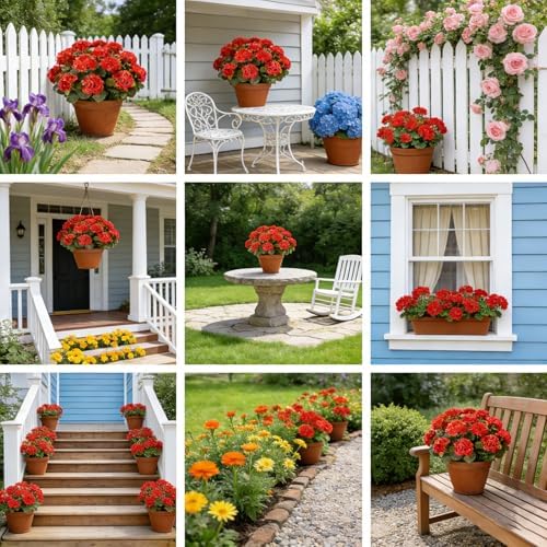 Artificial Red Flowers for Outdoors, 6PCS Fake Silk Geraniums, alternate view 5