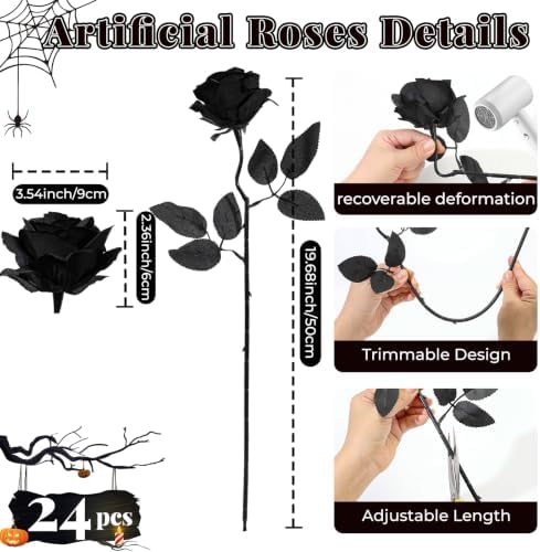 Artificial Roses Solid Black Set of 24, alternate view 2