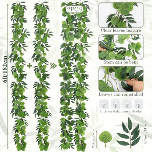 Artificial Silk Eucalyptus Vine Garland with Willow Leaves 2P 6Ft, alternate view 3