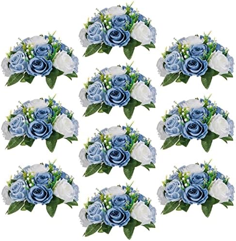 Artificial Silk Flower Ball, Wedding Centerpiece, Dusty Blue, 10Pcs in White/Gold/Grey