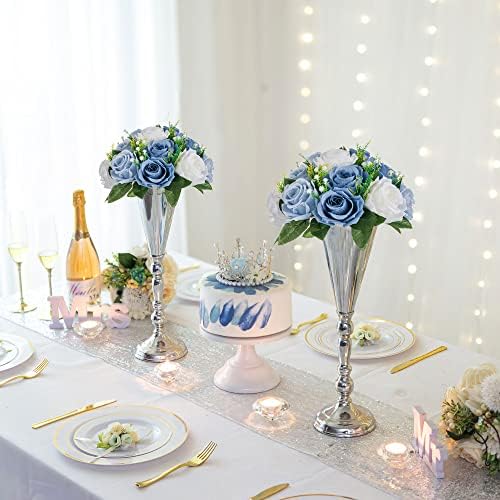 Artificial Silk Flower Ball, Wedding Centerpiece, Dusty Blue, 2Pcs in White/Gold/Grey, alternate view 4