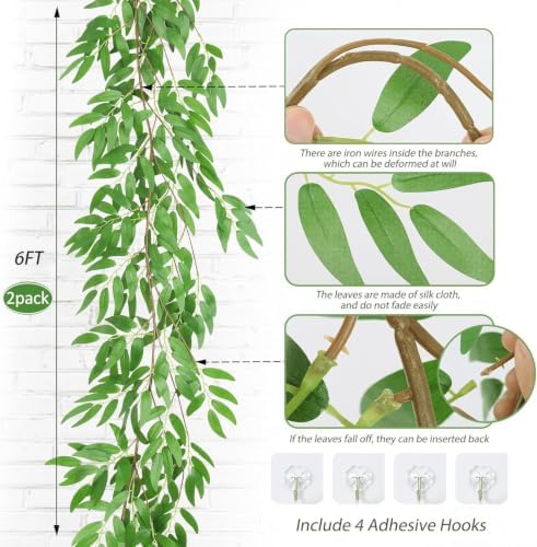 Artificial Silk Willow Leaves Twig Garland 2Pc 6Ft Light Green Vine, alternate view 4