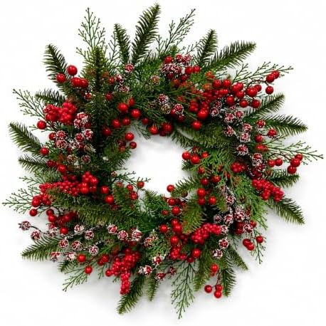 Artificial Snow Flocked Red Berries Cypress Christmas Wreath, 22" Winter Evergreen Front Door Wreath for Indoor