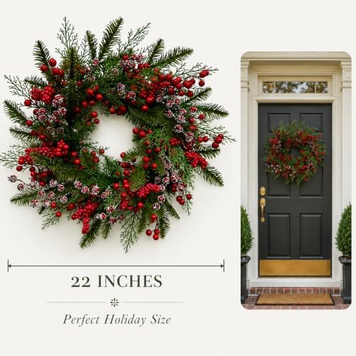 Artificial Snow Flocked Red Berries Cypress Christmas Wreath, 22" Winter Evergreen Front Door Wreath for Indoor, alternate