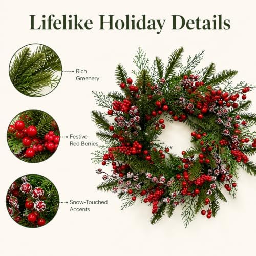 Artificial Snow Flocked Red Berries Cypress Christmas Wreath, 22" Winter Evergreen Front Door Wreath for Indoor, alternate