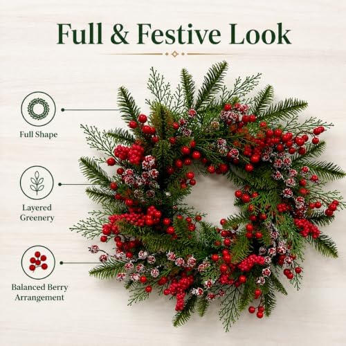 Artificial Snow Flocked Red Berries Cypress Christmas Wreath, 22" Winter Evergreen Front Door Wreath for Indoor, alternate