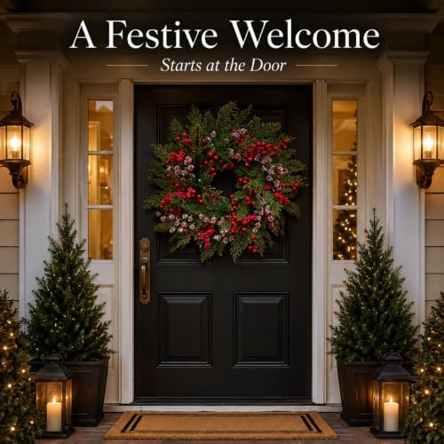 Artificial Snow Flocked Red Berries Cypress Christmas Wreath, 22" Winter Evergreen Front Door Wreath for Indoor, alternate