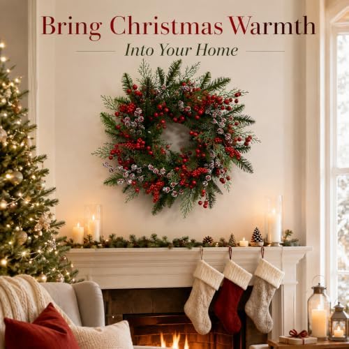 Artificial Snow Flocked Red Berries Cypress Christmas Wreath, 22" Winter Evergreen Front Door Wreath for Indoor, alternate