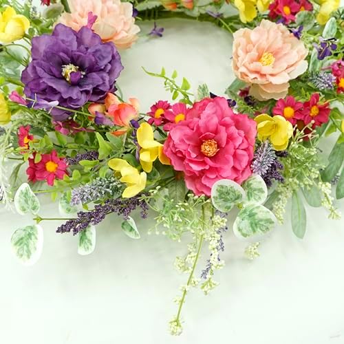 Artificial Spring Summer Wreath Peony Wreaths for Front Door with Olive Leaf, Eucalyptus Leaf, Daisy, Lavender, alternate